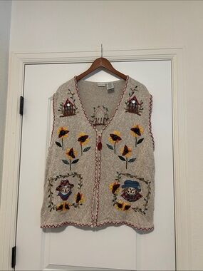 Fall Inspired Beige Embroidered Sunflower Button-Front Sweater Vest Grandma Core